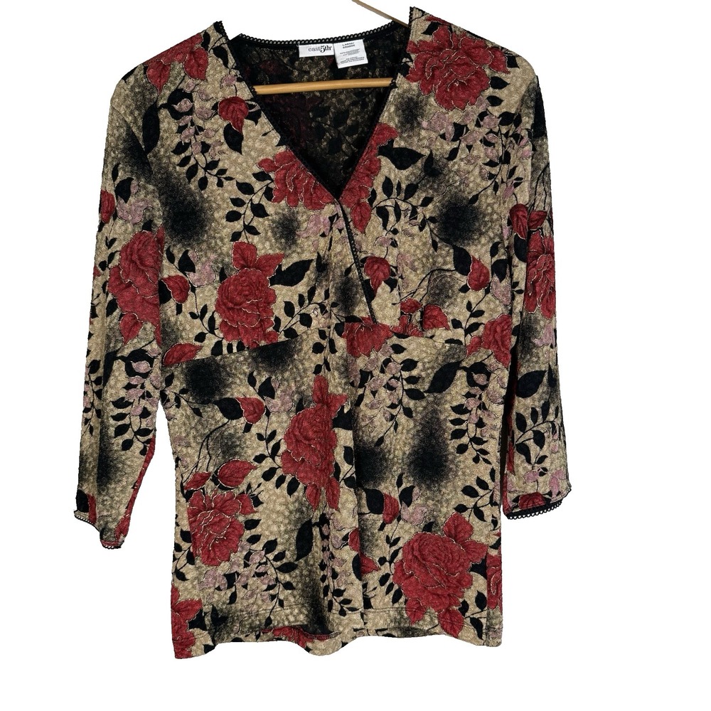 Dark Floral Blouse Womens Large Whimsigoth Feminine Asian Floral Witchy Boho